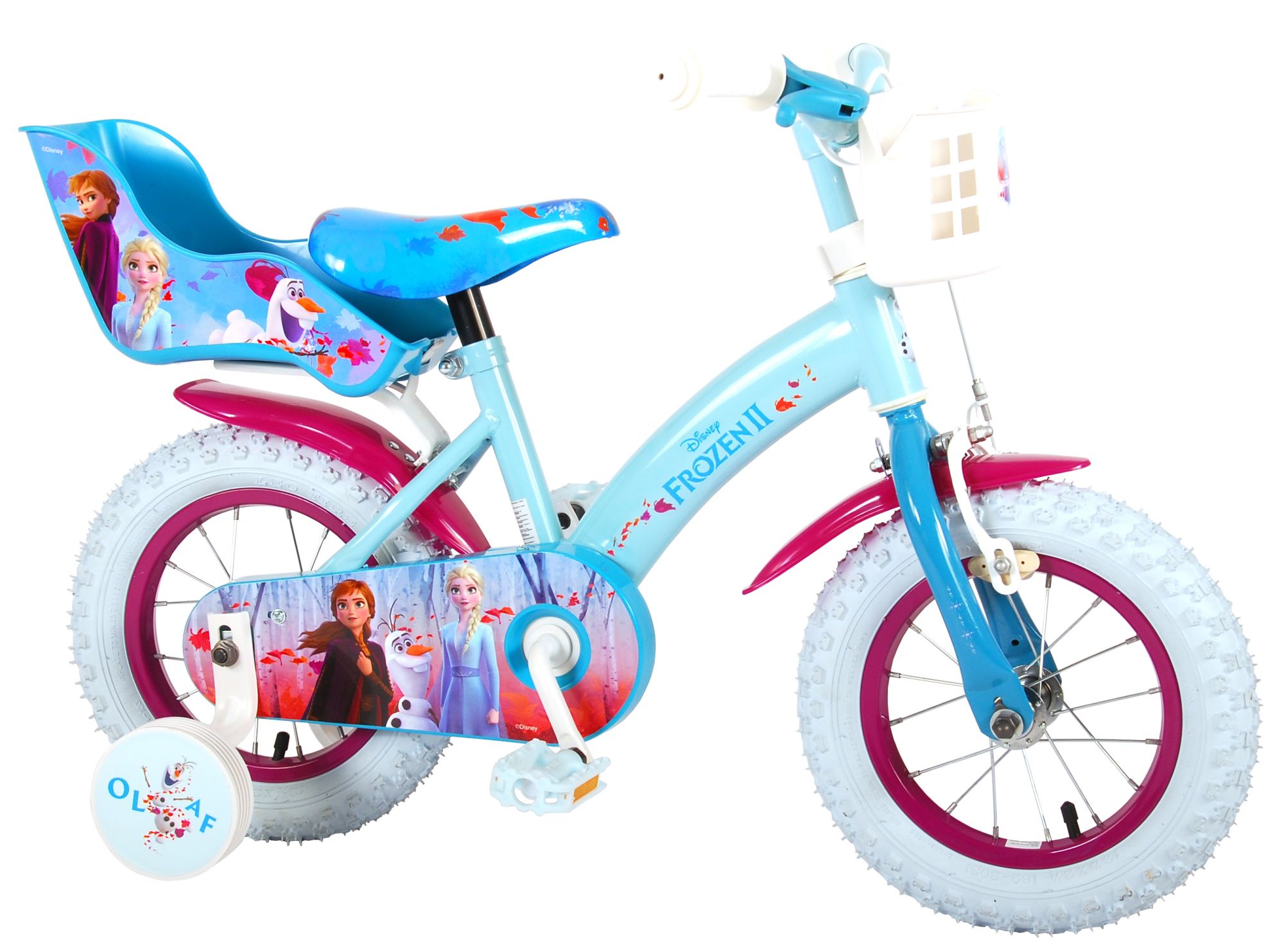 Girl Bike 12 Inch Disney Frozen 2 with Training Wheels Front Brake and Rear Coasterbrake Basket and Doll Carrier 95% Assembled Blue