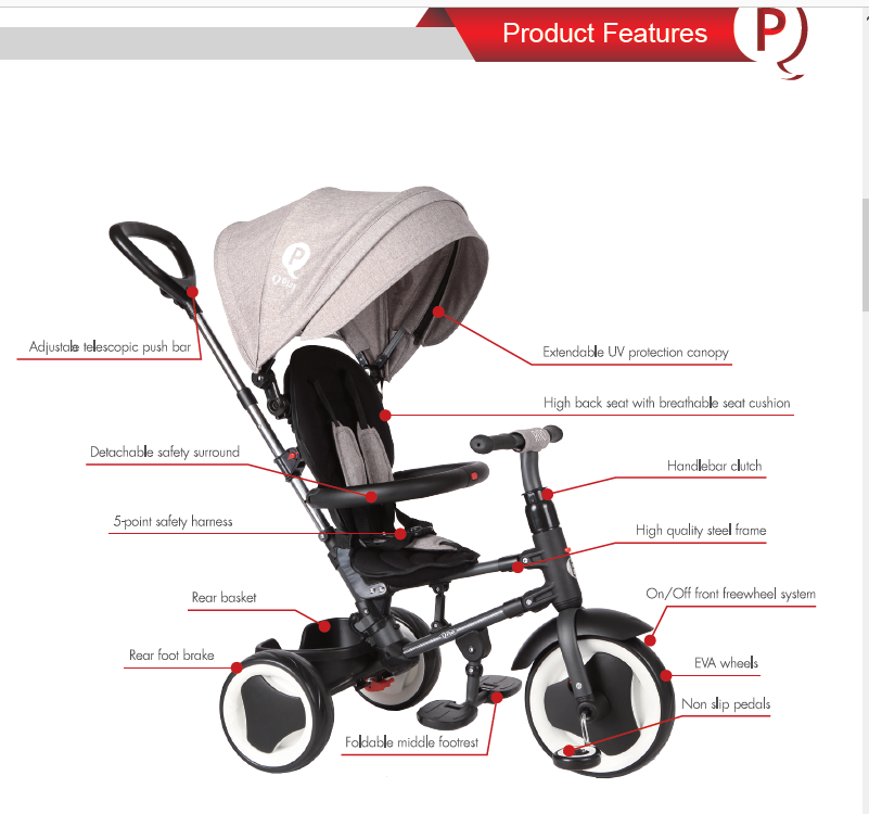 Bébés de 10 Jusqu’à 36 Mois QPlay Tricycle Evolutif Pliable Rito Poids supportable Jusqu’à 25 Kg Bleu