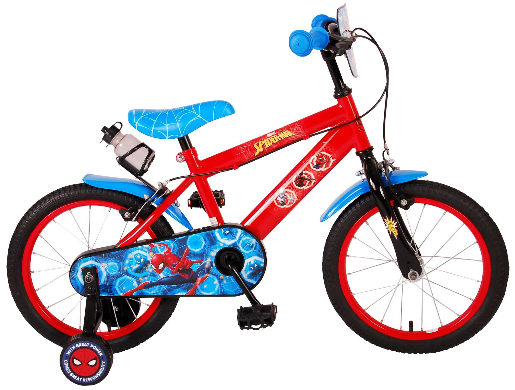 red 16 inch bike with stabilisers