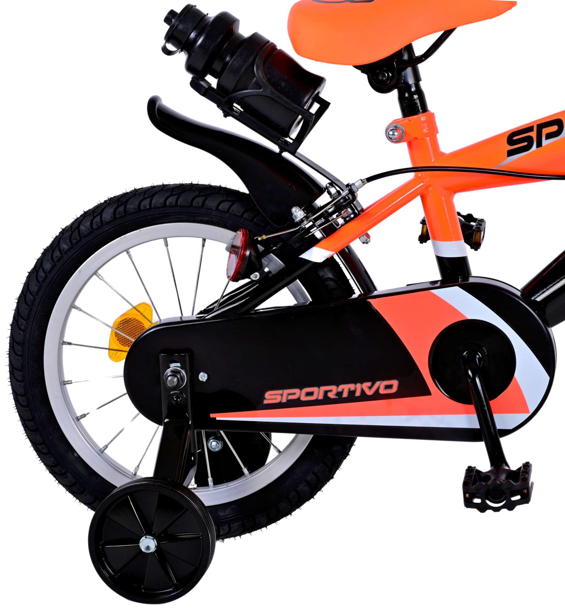 Orange bike with training wheels online