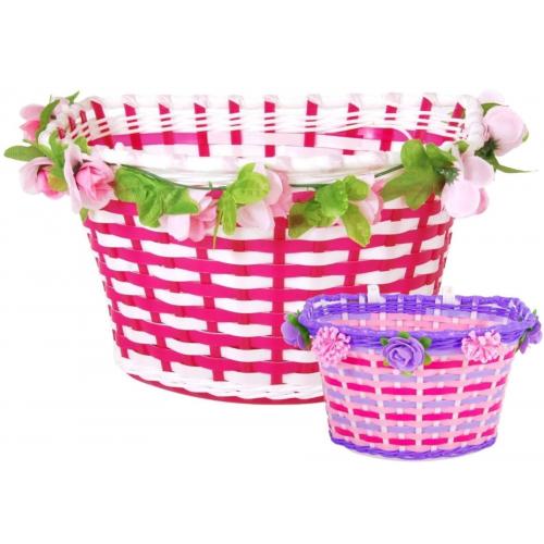 Volare Braided Bicycle Basket - Flowers - Girls - White/Pink or Purple/Pink