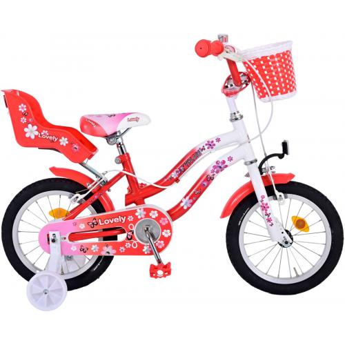 Volare Lovely Children's Bicycle - Girls - 14 inch - Red White - Two handbrakes - 95% assembled