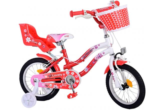 Volare Lovely Children's Bicycle - Girls - 14 inch - Red White - Two handbrakes - 95% assembled